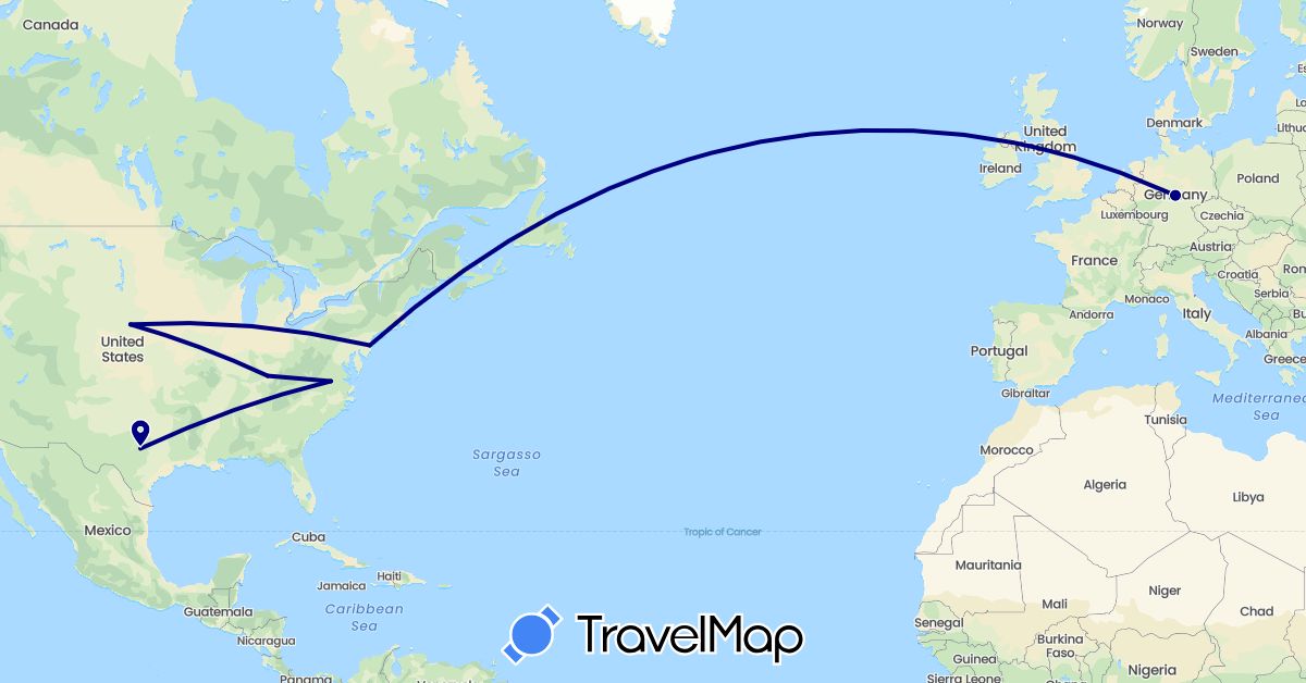 TravelMap itinerary: driving in Germany, United States (Europe, North America)